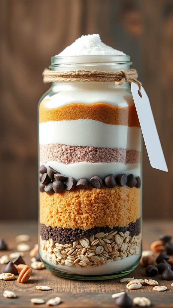 A jar filled with cookie ingredients, decorated with a ribbon and tag, ready to be gifted.